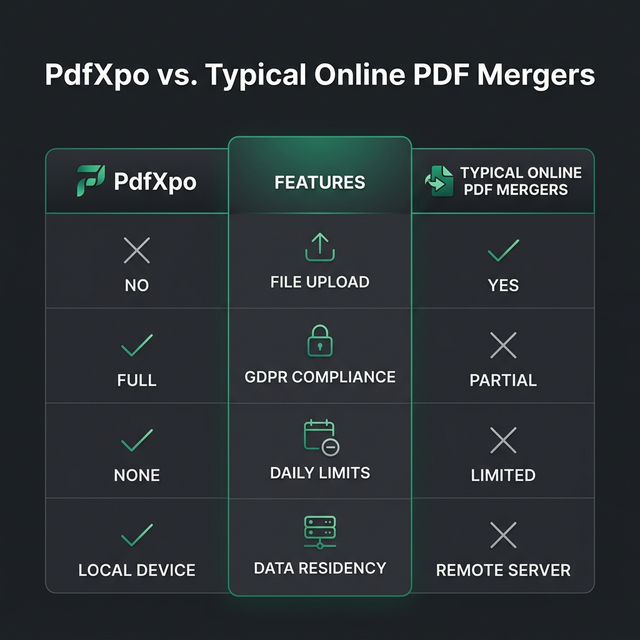 How to merge PDF files securely 2026 — PdfXpo no upload browser tool