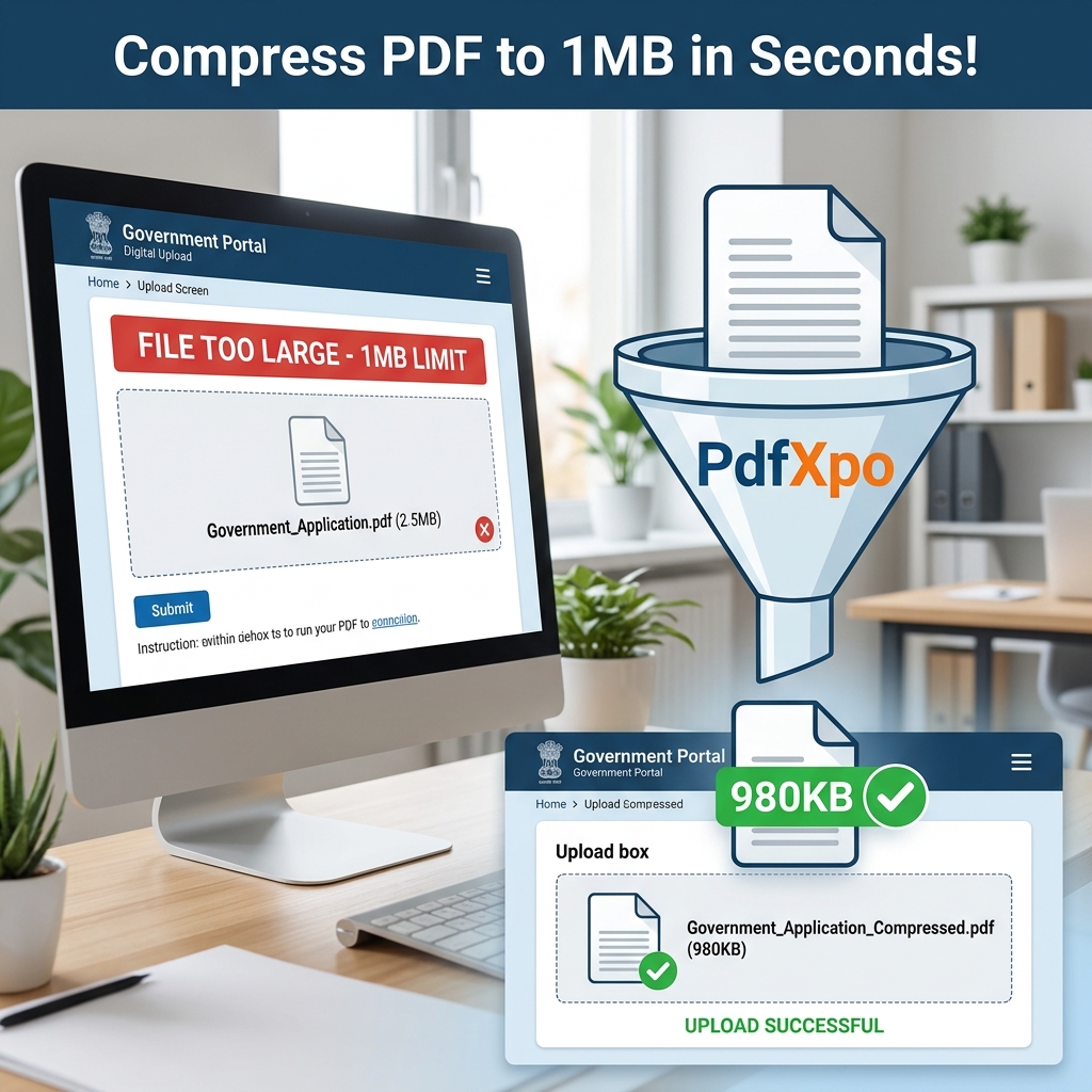 Un portail administratif affichant une erreur 'Fichier trop volumineux' résolue par la compression sélective de PdfXpo.