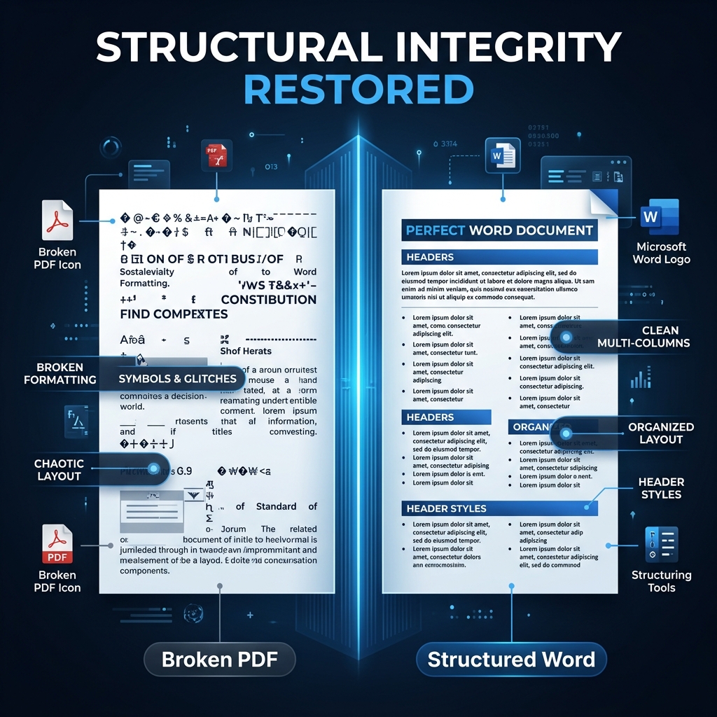 복잡한 PDF 문서와 그 정밀하게 변환된 Word 버전이 나란히 놓여 레이아웃 일치성을 보여주는 비교 이미지.