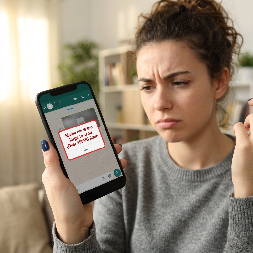 A hand holding a phone showing a WhatsApp file size error