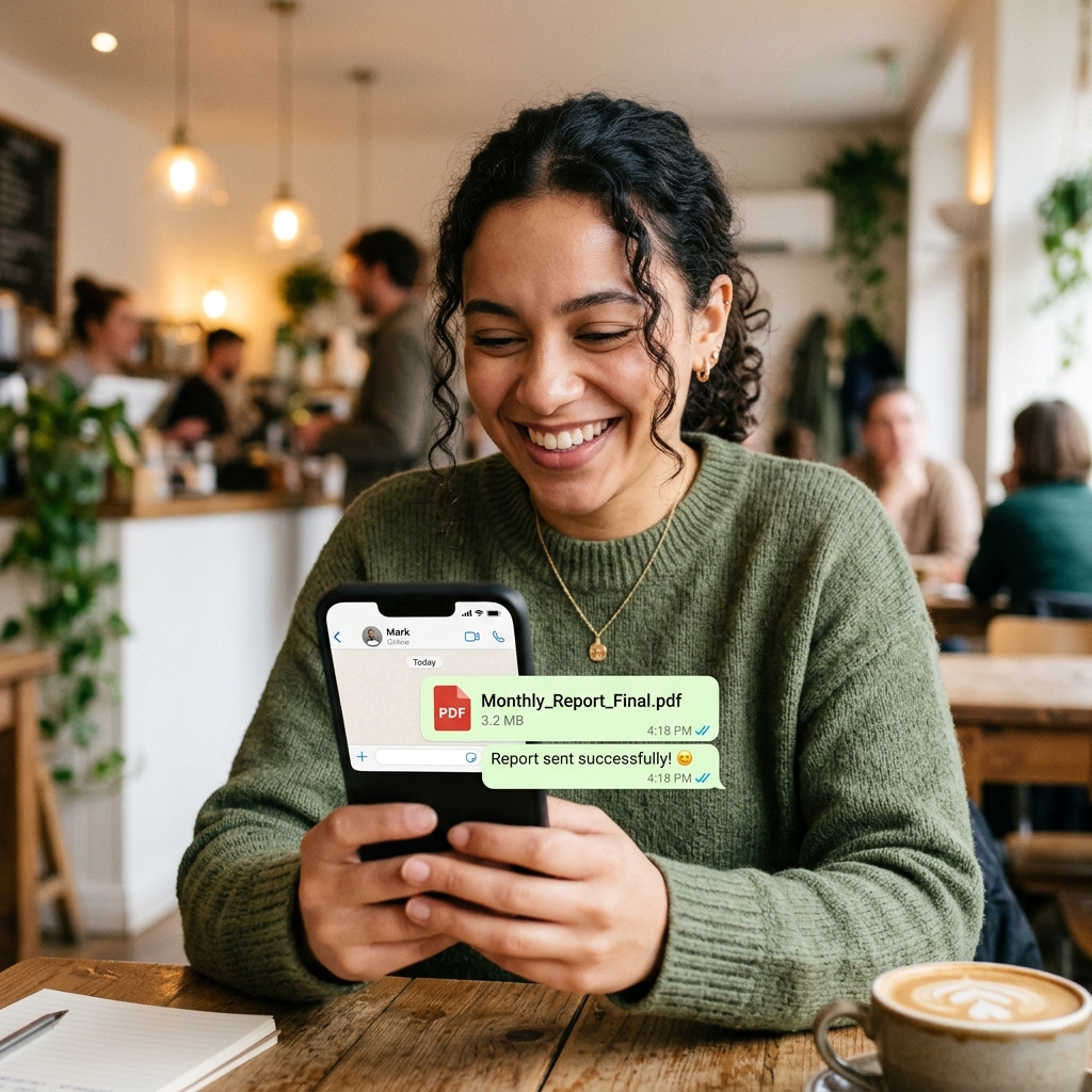 WhatsApp chat interface showing a successfully sent PDF document