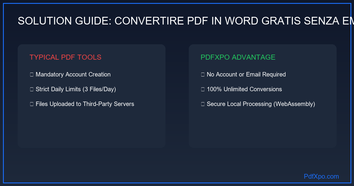 Confronto: convertitore con richiesta email bloccata vs PdfXpo accesso immediato senza email