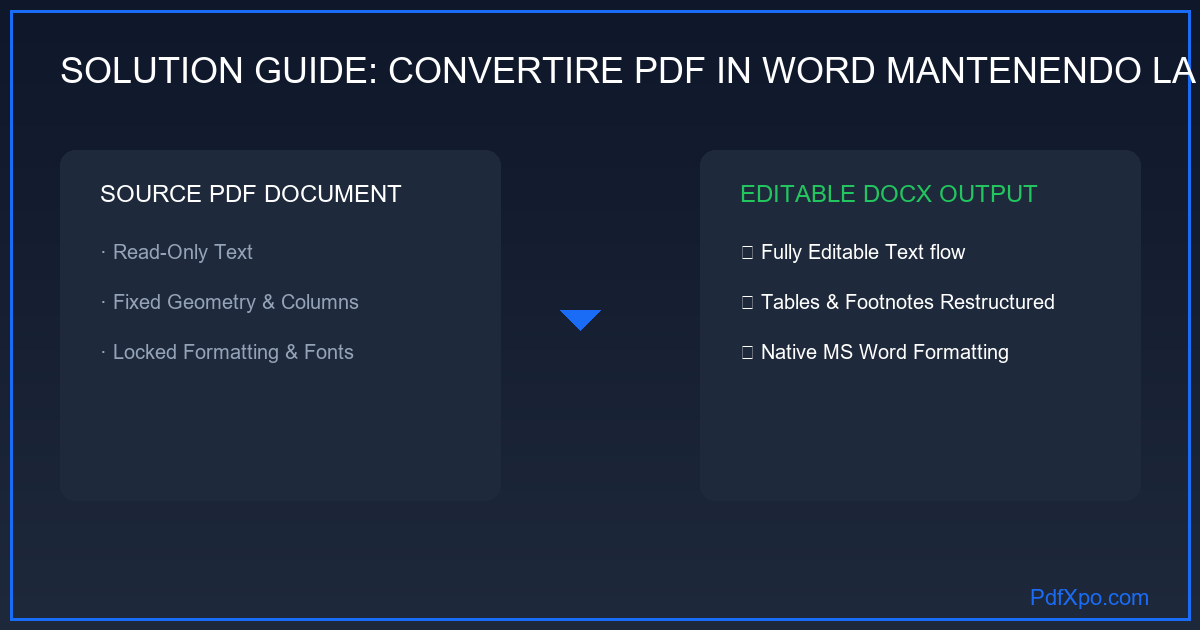 Confronto prima e dopo: PDF con layout complesso convertito in Word con formattazione identica — PdfXpo