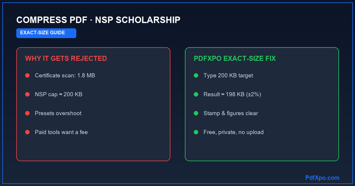 Compress PDF for an NSP Scholarship Application: oversized scan rejected vs PdfXpo exact-size result