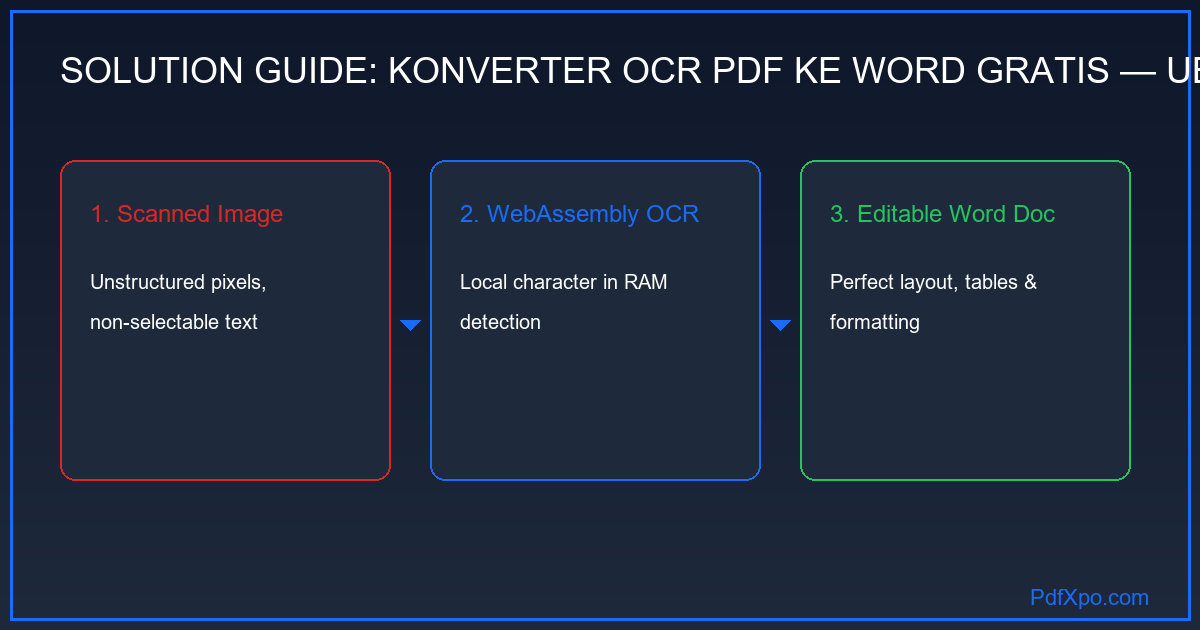 Konverter OCR PDF ke Word — diagram tiga langkah dari PDF pindaian ke teks editable — PdfXpo