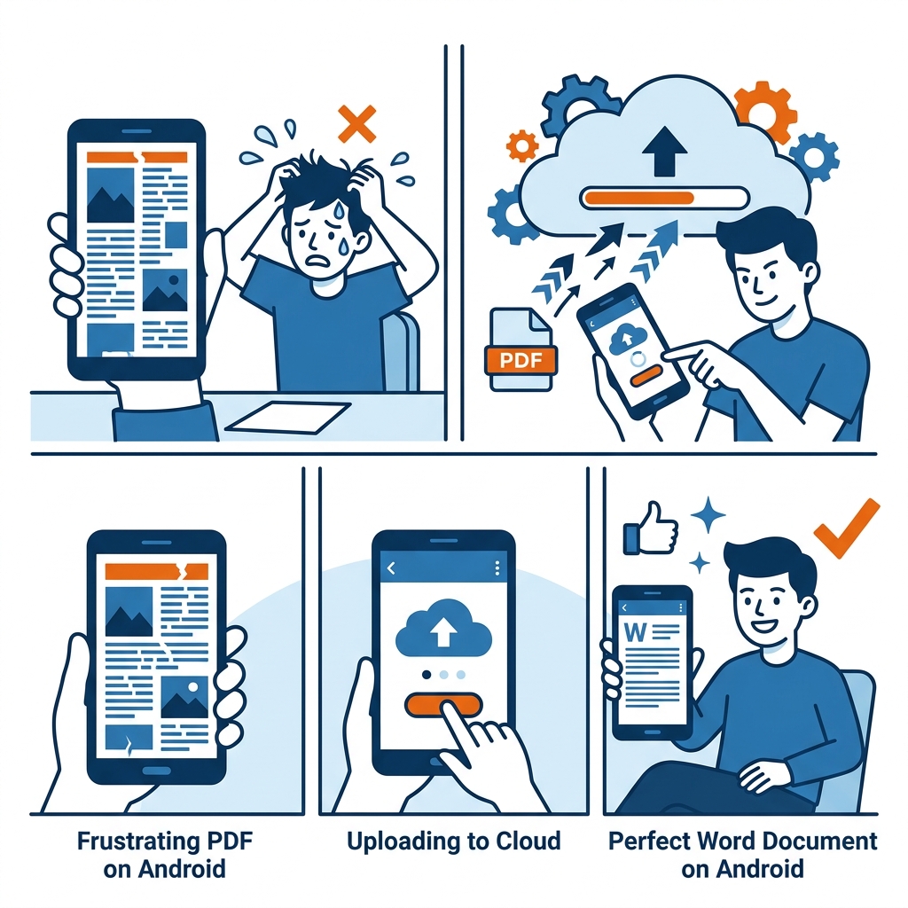 Ilustración de tres paneles que muestra antes, durante y después de la conversión de la tabla PDF