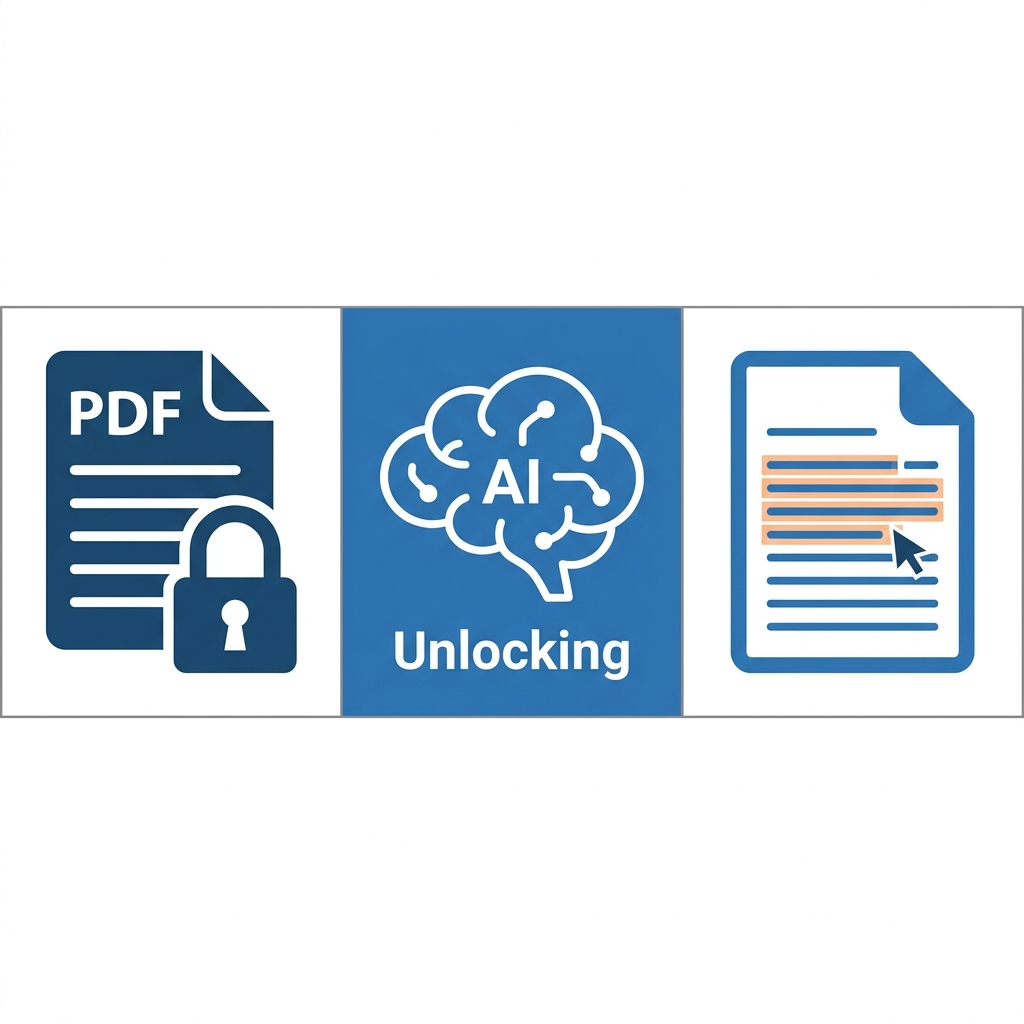 Ilustração de 3 painéis que mostra o processo de 'desbloqueio' por IA de PDF para Word