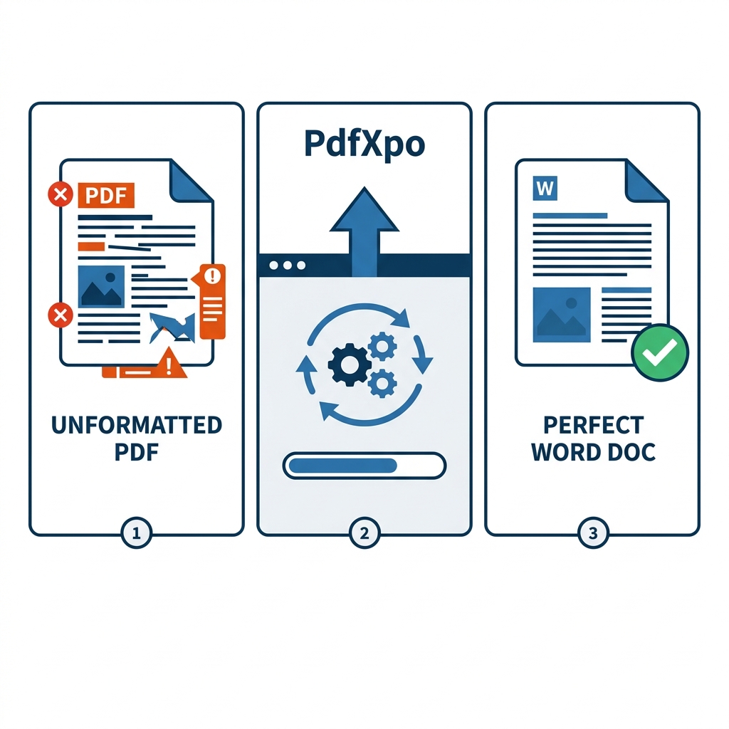 3-panel illustration showing before, during, and after PDF to Word formatting success