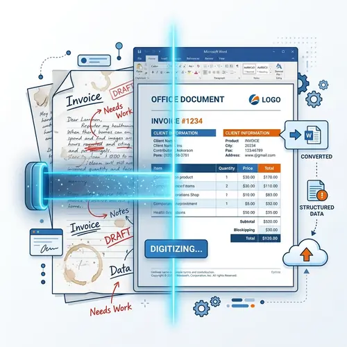Diagram of characters being recognized and formatted into a digital document